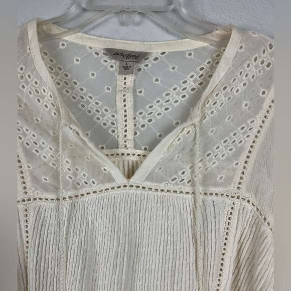 Women’s Lucky Brand Cream Eyelet Knit Peasant Boho Top Tassels Size Large - Picture 4 of 8